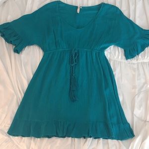 Medium  Blue Mini Dress 3/4 Sleeve Ruffle Trim
